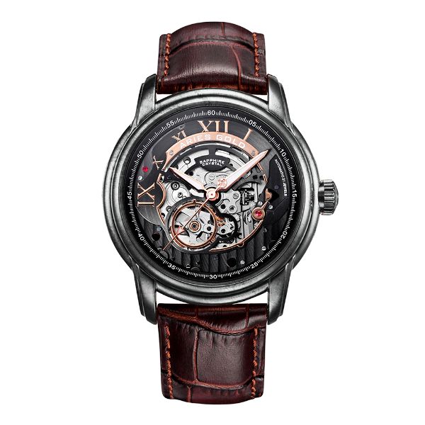 ARIES GOLD AUTOMATIC INFINUM EL TORO SILVER STAINLESS STEEL G 9005 AS-BK BROWN LEATHER STRAP MEN'S WATCH